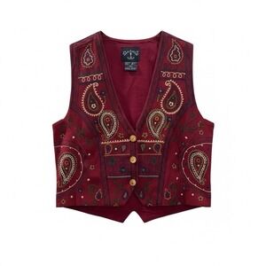 VTG 90s Solutions Embroidered Paisley Vest L Boho Artsy Boho Prairie 100% Cotton